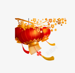 中国结金色金色梅花与红灯笼高清图片