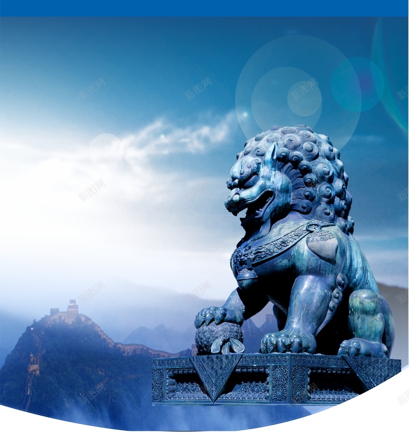 中国风石狮背景cdr设计背景_新图网 https://ixintu.com 中国风 天空 石狮子 蓝色 雕塑