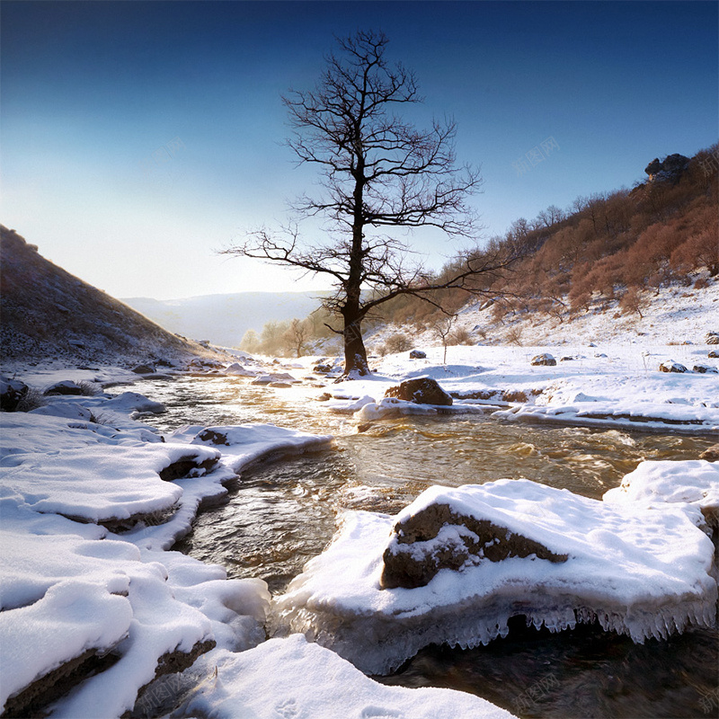 雪后初晴psd_新图网 https://ixintu.com 主图 大雪阳光小溪树 摄影 风景