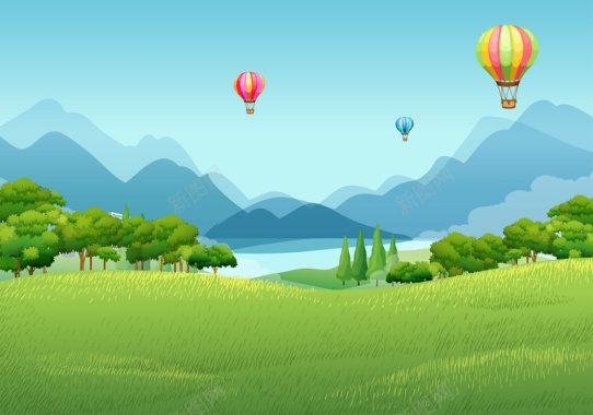 矢量风景插画草地远山热气球背景背景