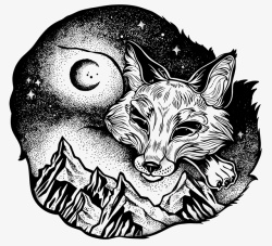 黑白狐狸狐狸黑白花臂图案高清图片