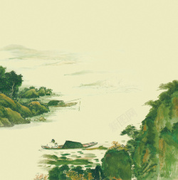 古风船夫清雅水墨风山水海报背景模板高清图片