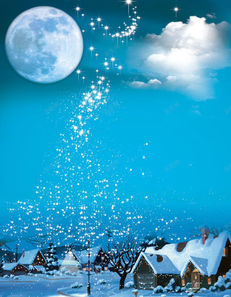 蓝色夜空星空圆月冰雪村庄风景背景psd_新图网 https://ixintu.com 冰雪 冰雪背景 摄影 星空背景 村庄 素材背景 背景素材 蓝色夜空 蓝色风景 风景