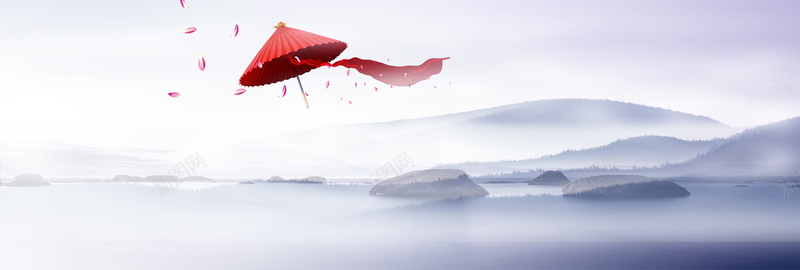 唯美古风背景bannerpsd设计背景_新图网 https://ixintu.com anner banner 中国风 仙境 古风 唯美 水面 油纸伞 石头 红色伞 背景 雾气