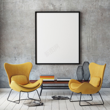 黄色椅子与白色画框摄影图片