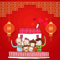 回家过年幸福置业春节回家团聚一家人老人小孩子灯笼海报背景矢量图高清图片