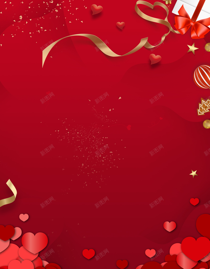 红色圣诞节元素背景图psd设计背景_新图网 https://ixintu.com 丝带 巧克力 心形剪纸 礼盒元素 质感球