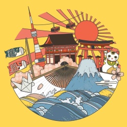 简笔画鲤鱼旗手绘矢量旅游日本景点樱花招财猫和服海报高清图片