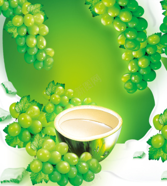 绿底牛奶葡萄食物海报背景模板背景