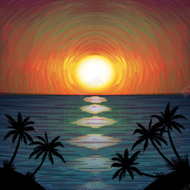 水彩手绘卡通海滩夕阳背景矢量图背景
