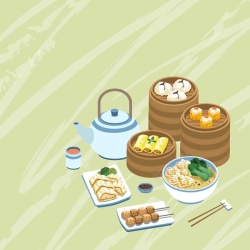 吃云吞手绘矢量旅游香港美食点心早茶海报背景高清图片