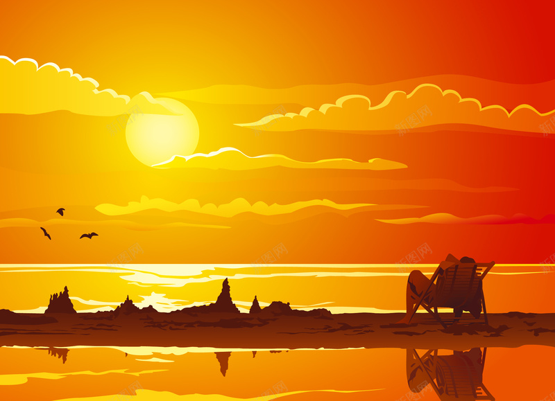 夕阳背景矢量图ai_新图网 https://ixintu.com 夕阳 太阳 摄影 橙色 海平面 红色 风景 矢量图