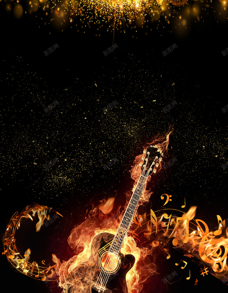 黑色大气金色吉他海报jpg设计背景_新图网 https://ixintu.com 吉他海报 大气 潮流 火焰 燃烧的音符 金粉 金色 音乐会 黑色 黑金