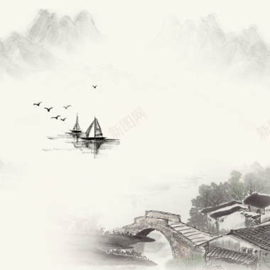 中国风水墨画亭子复古海报背景背景