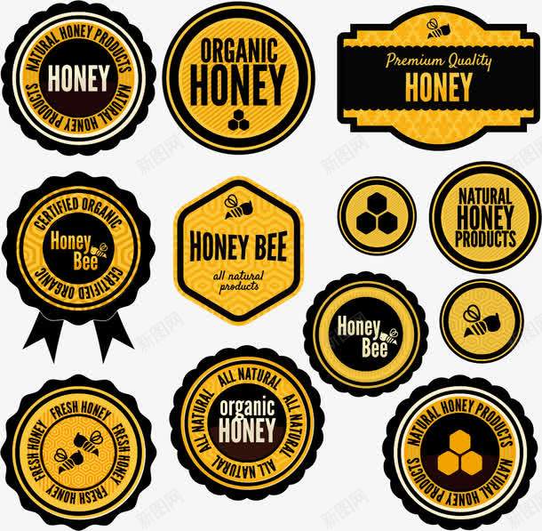 蜂蜜标签图标png_新图网 https://ixintu.com LOGO 商标 底纹 彩色标签 标志 标签 标识标志图标 花朵 花纹 蜂巢 蜂蜜 蜜蜂和蜂蜜标签 贴纸 金色 食品标签