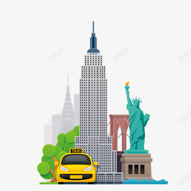 一些纽约的著名景点png免抠素材_新图网 https://ixintu.com 地标建筑 建筑 景点 的士 纽约 美国 自由女神 风景 黄色