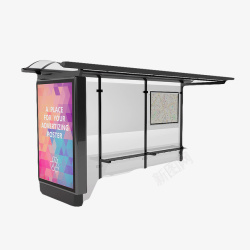 一个灰色公交车站台彩色墙画玻璃透明公交车站台高清图片