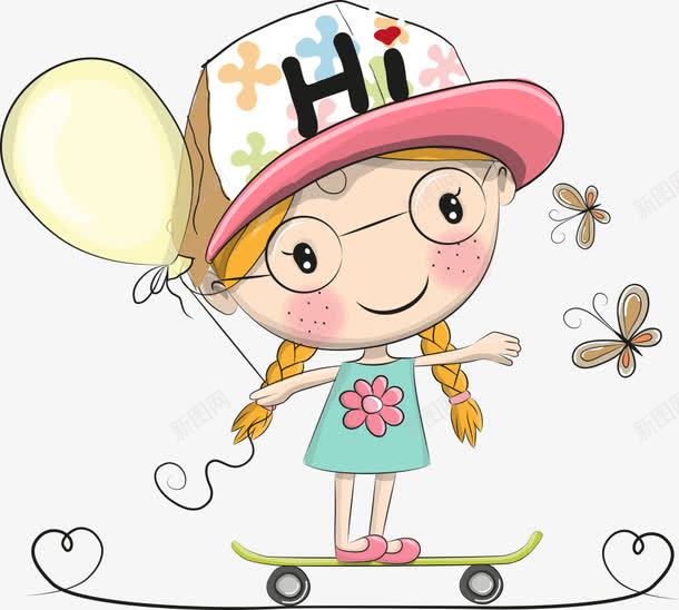 玩滑板的小女孩png免抠素材_新图网 https://ixintu.com 卡通女孩 女孩 小女孩 气球 滑板 滑板女孩 玩滑板