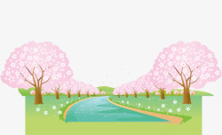 粉色梦幻春季树木小河素材