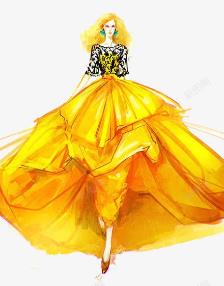 手绘模特png免抠素材_新图网 https://ixintu.com 时尚女孩 服装设计 服饰模特 水彩 素描 美女 黄色长裙