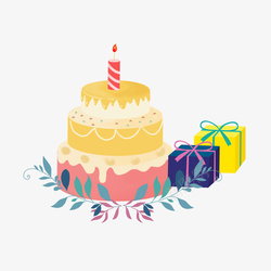 生日帽花纹生日蛋糕和礼物以及蜡烛高清图片