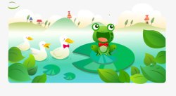 卡通青池塘风景矢量卡通青蛙鸭子池塘风景高清图片