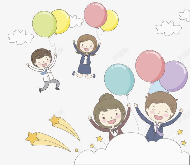 可爱人群png免抠素材_新图网 https://ixintu.com 云朵 人群 卡通 可爱 彩色 手绘 气球 流星 立体