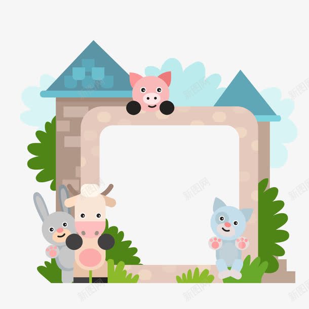 卡通城堡和动物边框png免抠素材_新图网 https://ixintu.com 兔子 动物装饰边框 卡通 城堡 小猪 手绘