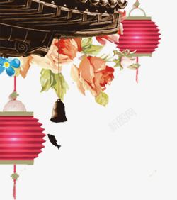 中国风楼台中国风传统楼台灯笼鲜花高清图片