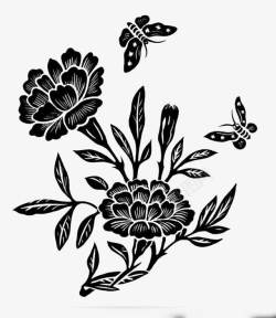 黑白线条木盆花蝴蝶牡丹高清图片
