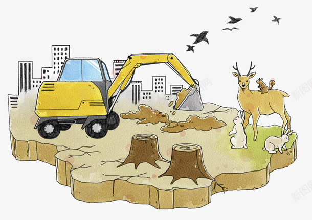 简约挖土伐木场景图png免抠素材_新图网 https://ixintu.com 保护家园 展板 挖土机 树桩 爱护环境 荒凉的 野生动物