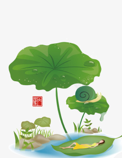 蜗牛青草图案绿色清新文艺荷叶装饰图案高清图片