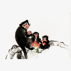 国画桃中国风水墨画三只猴子抱桃坐树干高清图片