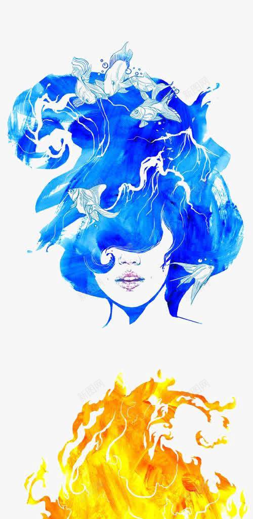 女生头像png免抠素材_新图网 https://ixintu.com 创意 手绘 水彩 火焰头发女生 红发女生 蓝色海洋头发女生