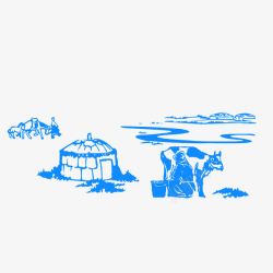 蒙古插画简笔手绘蒙古包前挤牛奶的女子素高清图片