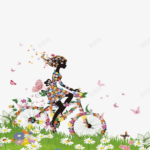 春季骑自行车出游png免抠素材_新图网 https://ixintu.com 春天 自行车 草地 鲜花