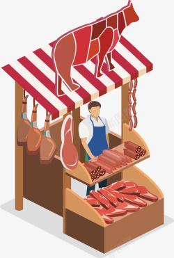 卡通小摊手绘卖牛肉的人矢量图高清图片