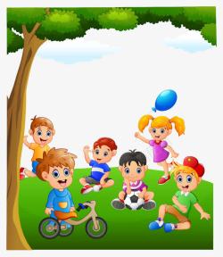 树林里的女孩卡通大树玩耍儿童高清图片