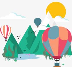 卡通悬浮岛热气球环绕的高山矢量图高清图片