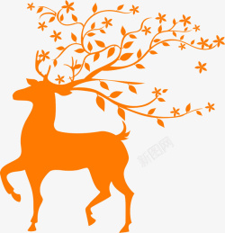 橙色简约麋鹿树枝装饰图案素材