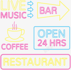 咖啡店招牌5款彩色霓虹灯招牌矢量图高清图片