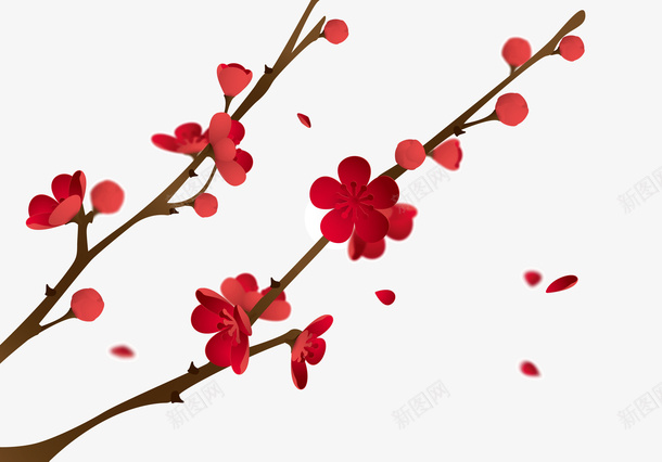 红色的梅花和树枝png免抠素材_新图网 https://ixintu.com 树枝 梅花 植物 植物png 植物矢量图