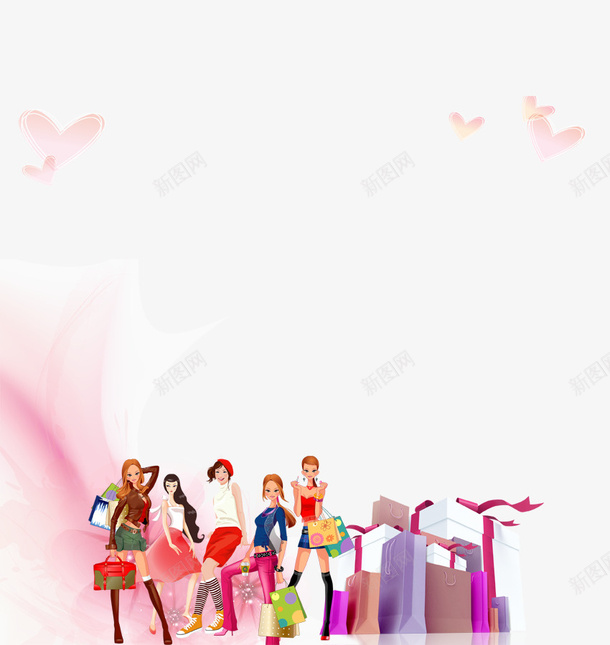 购物海报png免抠素材_新图网 https://ixintu.com 海报素材 电商 粉色光效 粉色心装饰 购物女人