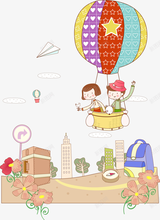 坐热气球游览的两个小朋友矢量图ai免抠素材_新图网 https://ixintu.com 小朋友 插画 游览 热气球 矢量图