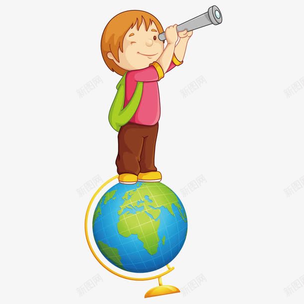 站在地球上的小孩png免抠素材_新图网 https://ixintu.com 地球 地球仪 学生 小孩子 望远镜