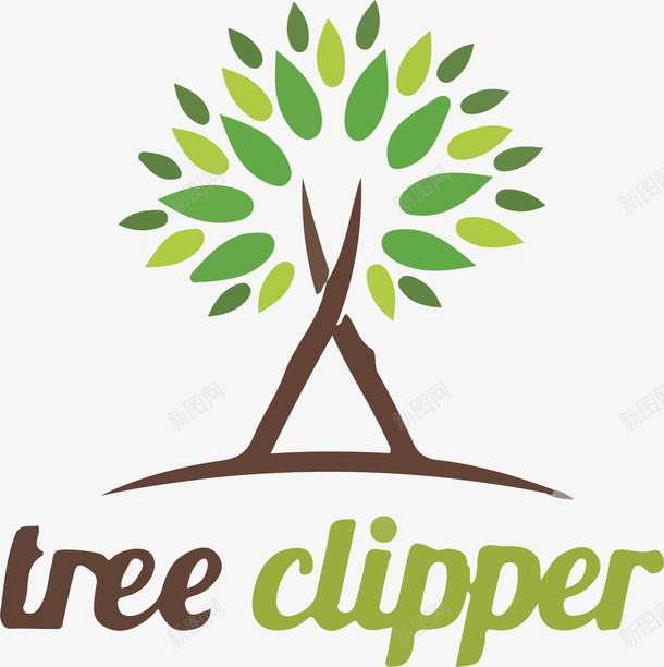 treeclipper图标png_新图网 https://ixintu.com logo在线生成 产品标志 创意 弧形 树LOGO 树叶 树枝 棕色 椭圆 绿色 英文