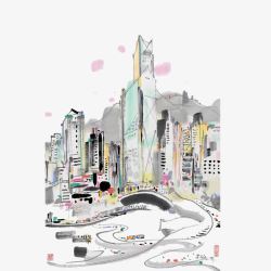 水彩画香港建筑群水墨画彩色香港高清图片