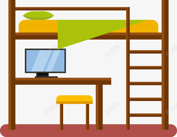 大学学生宿舍矢量图eps免抠素材_新图网 https://ixintu.com 上铺 下桌 大学宿舍 宿舍 宿舍上床下桌 桌子 电脑桌子 矢量图 矢量宿舍 褐色桌子
