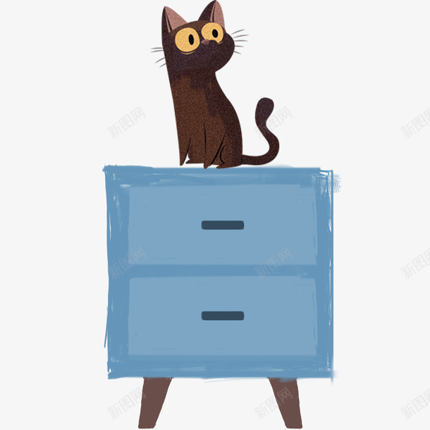 卡通手绘猫咪与柜子png免抠素材_新图网 https://ixintu.com 创意 动漫动画 卡通手绘 灰色猫咪 简约 蓝色柜子