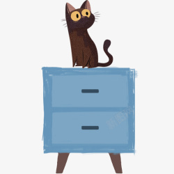 灰蓝色背景卡通手绘猫咪与柜子高清图片